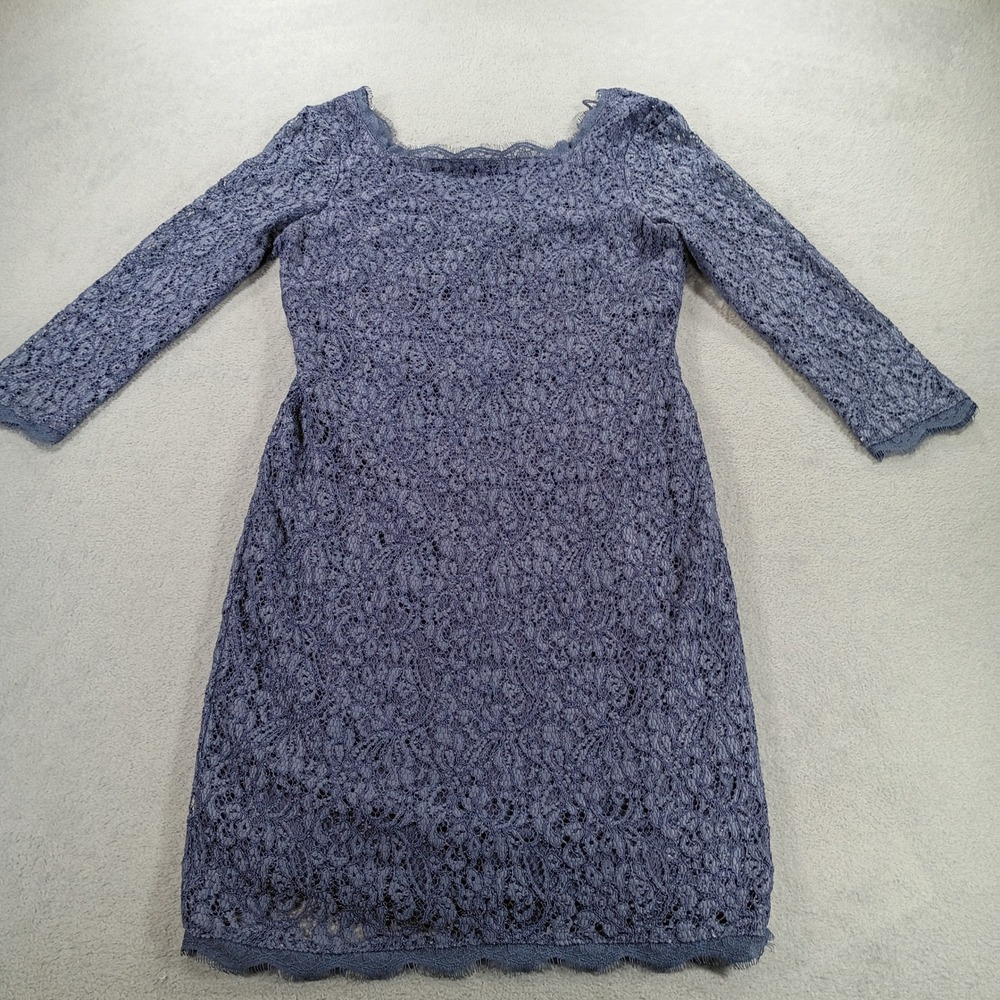 Adrianna Papell Women Lace Sheath Dress Blue 4 3/4 Sleeve Scalloped Trim